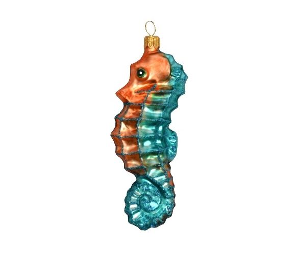 Suspension Noël verre soufflé hippocampe turquoise corail peint à la main H13cm