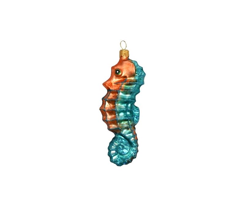 Suspension Noël verre soufflé hippocampe turquoise corail peint à la main H13cm