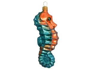 Suspension Noël verre soufflé hippocampe turquoise corail peint à la main H13cm