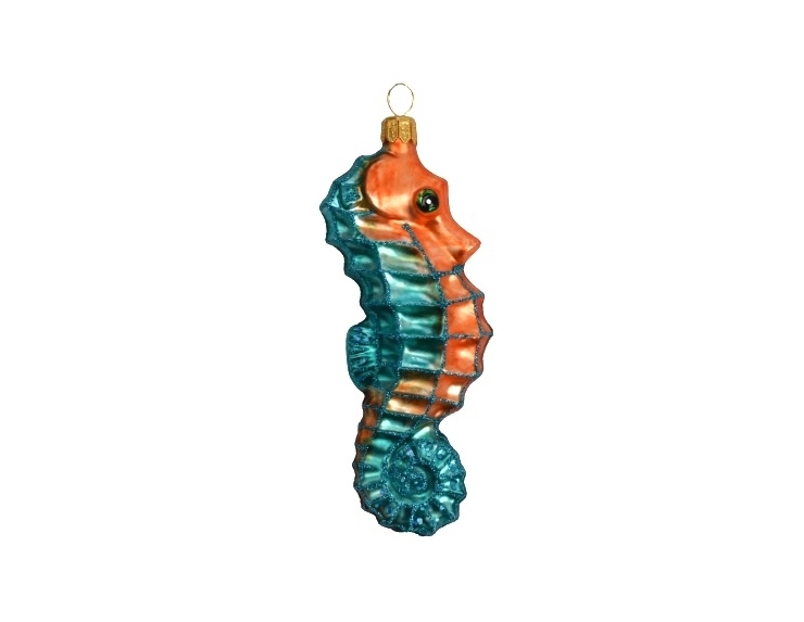 Suspension Noël verre soufflé hippocampe turquoise corail peint à la main H13cm