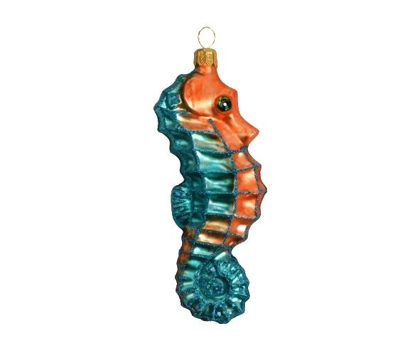 Suspension Noël verre soufflé hippocampe turquoise corail peint à la main H13cm