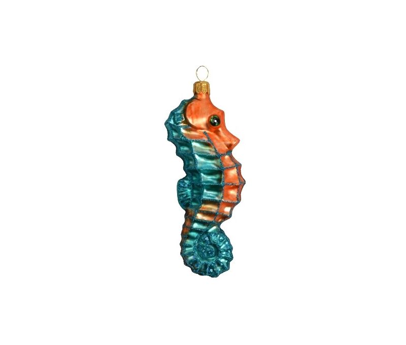 Suspension Noël verre soufflé hippocampe turquoise corail peint à la main H13cm