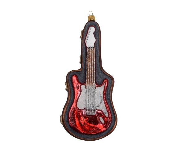 Boule de Noël verre soufflé guitare électrique rouge dans étui brun gris H20cm