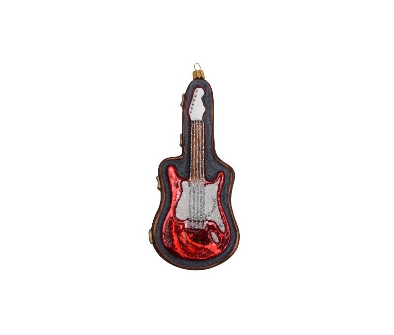 Boule de Noël verre soufflé guitare électrique rouge dans étui brun gris H20cm