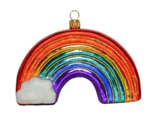 Boule de Noël en verre soufflé en forme d'arc en ciel avec 7 couleurs  Petit nuage devant la boule.