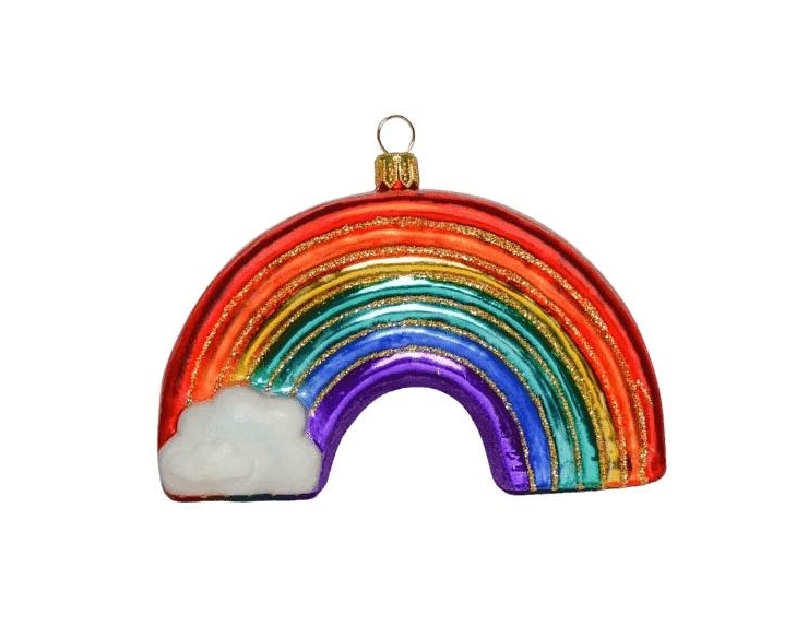 Boule de Noël en verre soufflé en forme d'arc en ciel avec 7 couleurs  Petit nuage devant la boule.