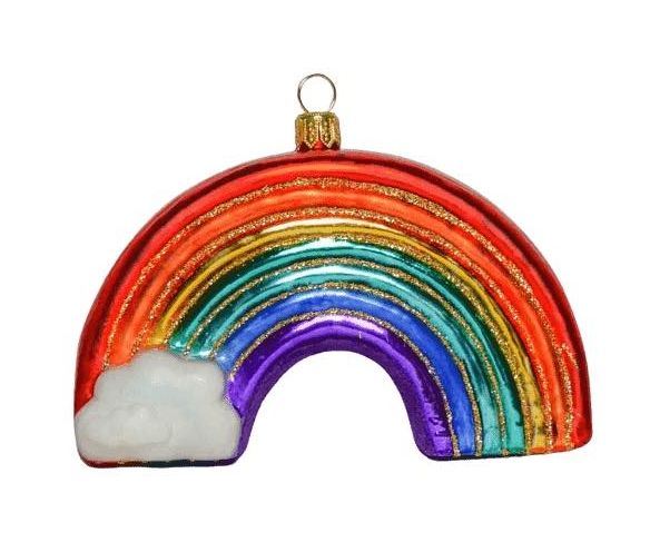 Boule de Noël en verre soufflé en forme d'arc en ciel avec 7 couleurs  Petit nuage devant la boule.