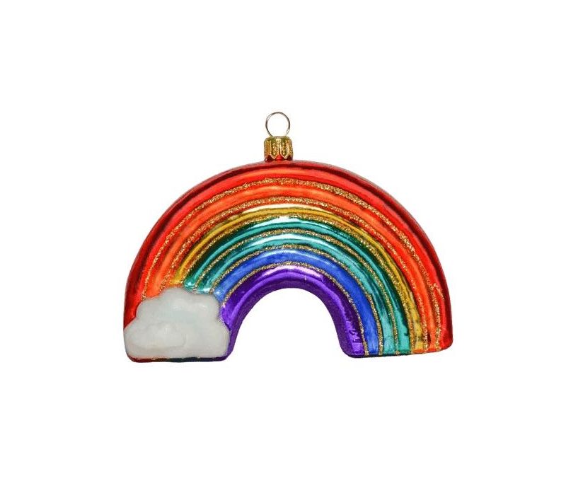 Boule de Noël en verre soufflé en forme d'arc en ciel avec 7 couleurs  Petit nuage devant la boule.