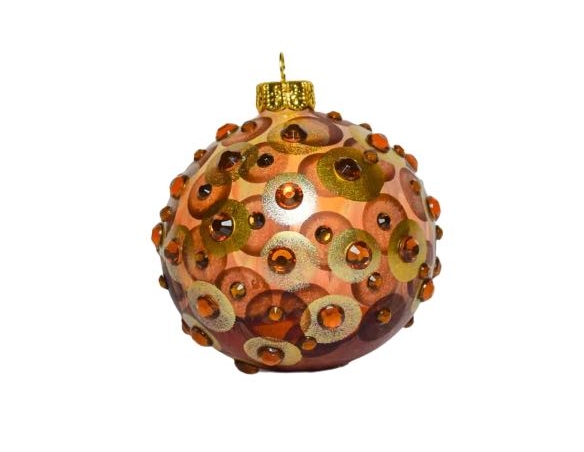 Boule de Noël brune en verre soufflé et décoré avec de nombreux strass cuivré brillant