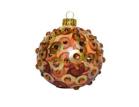 Boule de Noël brune en verre soufflé et décoré avec de nombreux strass cuivré brillant