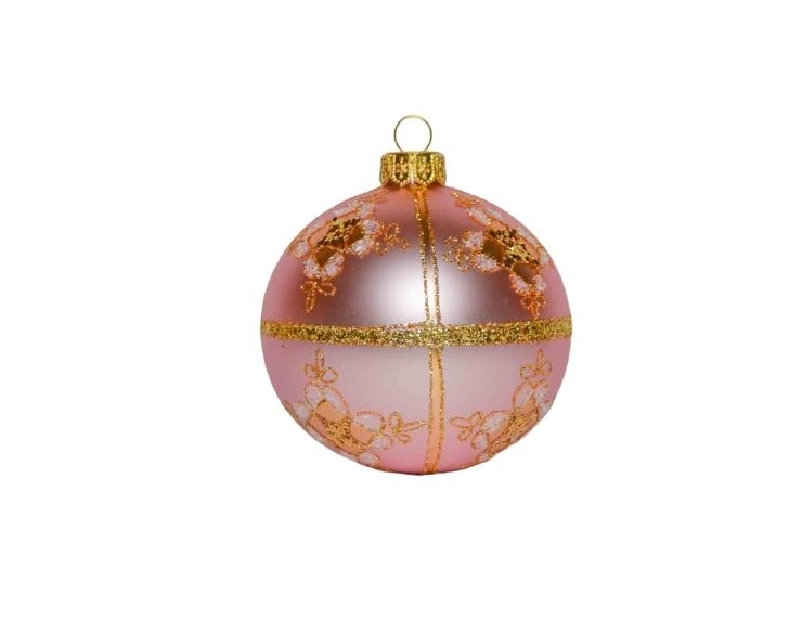 Boule de Noël rose pastel en verre soufflé et décoré à la main avec du doré. 8 cm de diamètre.