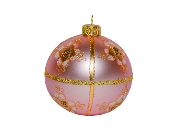 Boule de Noël haute de gamme rose pastel en verre soufflé et décoré à la main avec du doré. 8 cm de diamètre.