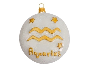 Boule de Noël en verre soufflé blanche et décor du signe astrologique du verseau en doré. diamètre 8cm