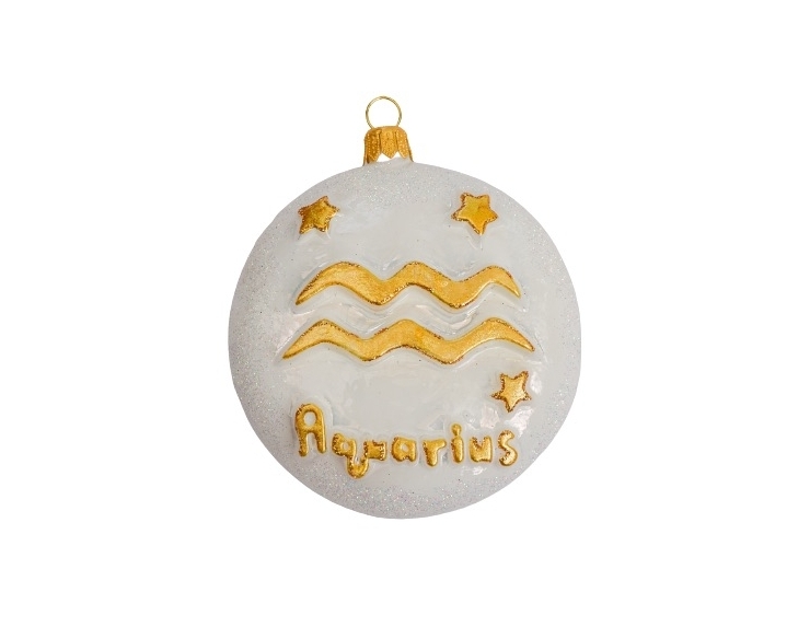Boule de Noël en verre soufflé blanche et décor du signe astrologique du verseau en doré. diamètre 8cm