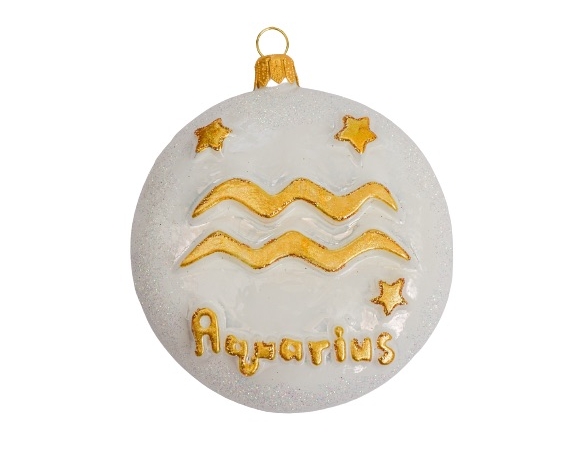 Boule de Noël en verre soufflé blanche et décor du signe astrologique du verseau en doré. diamètre 8cm