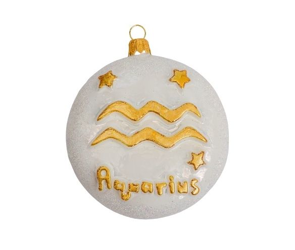 Boule de Noël en verre soufflé blanche et décor du signe astrologique du verseau en doré. diamètre 8cm