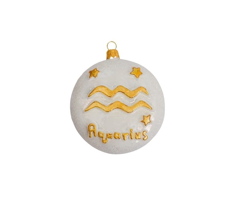 Boule de Noël en verre soufflé blanche et décor du signe astrologique du verseau en doré. diamètre 8cm