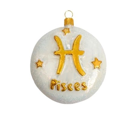 boule de Noël en verre soufflé signe astrologique du poisson. boule blanche et décor dorée avec paillettes