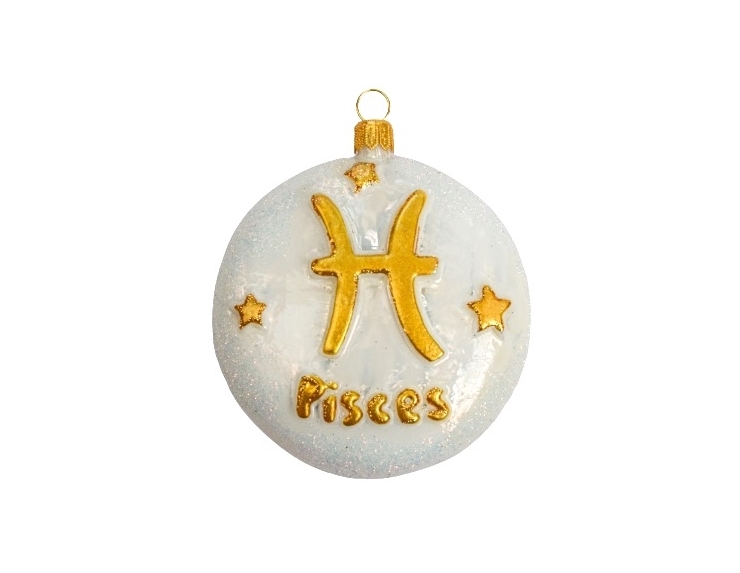 boule de Noël en verre soufflé signe astrologique du poisson. boule blanche et décor dorée avec paillettes