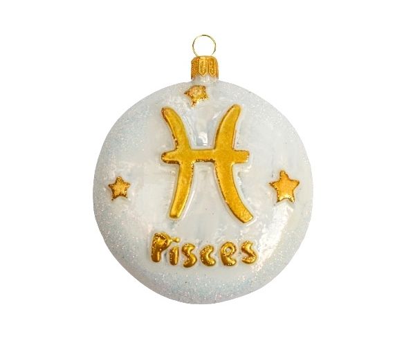 boule de Noël en verre soufflé signe astrologique du poisson. boule blanche et décor dorée avec paillettes