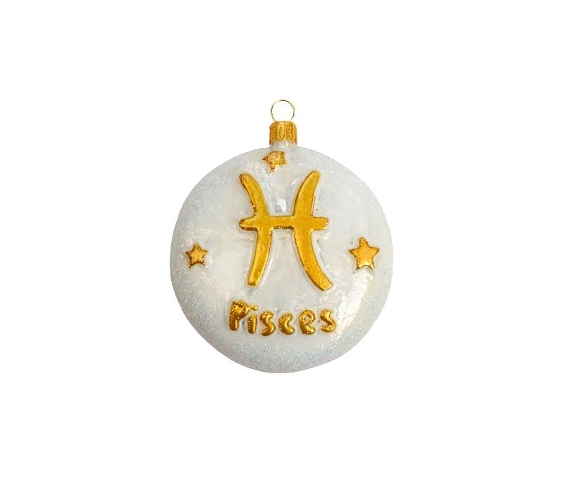 boule de Noël en verre soufflé signe astrologique du poisson. boule blanche et décor dorée avec paillettes