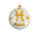 Voir la slide boule de Noël en verre soufflé signe astrologique du poisson. boule blanche et décor dorée avec paillettes