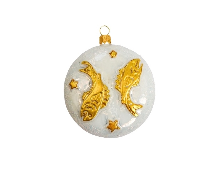 boule de Noël en verre soufflé signe astrologique du poisson. boule blanche et décor dorée avec paillettes