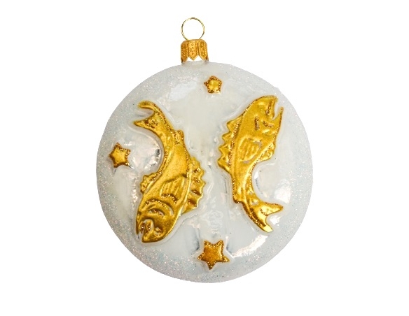 boule de Noël en verre soufflé signe astrologique du poisson. boule blanche et décor dorée avec paillettes