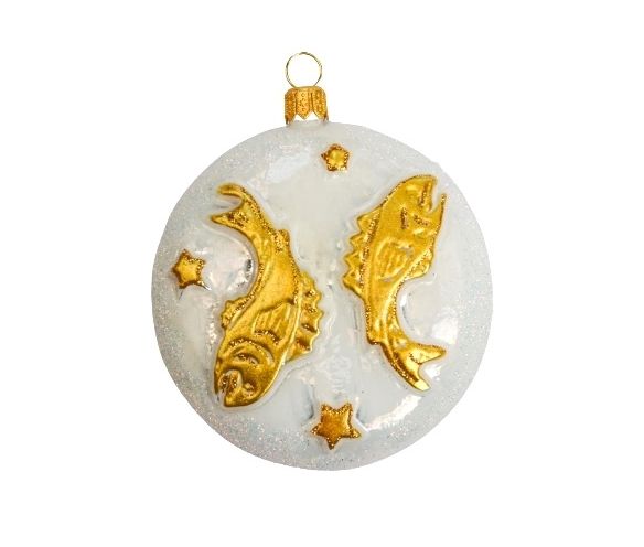 boule de Noël en verre soufflé signe astrologique du poisson. boule blanche et décor dorée avec paillettes
