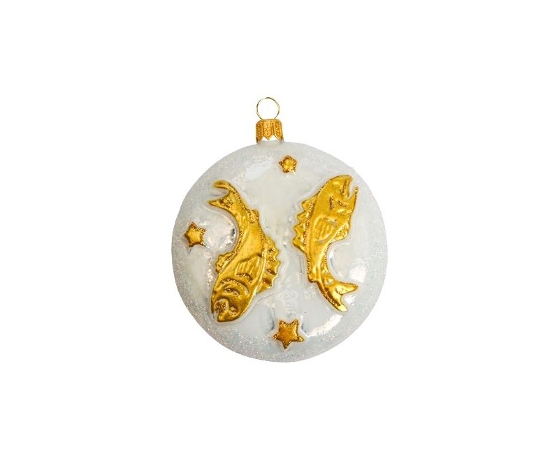 boule de Noël en verre soufflé signe astrologique du poisson. boule blanche et décor dorée avec paillettes