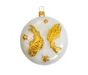 See slide boule de Noël en verre soufflé signe astrologique du poisson. boule blanche et décor dorée avec paillettes