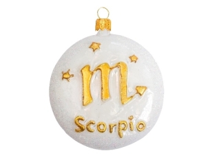 Boule de Noël blanche et dorée signe du zodiac scorpion. Verre soufflé et décoré à la main. diamètre 8cm