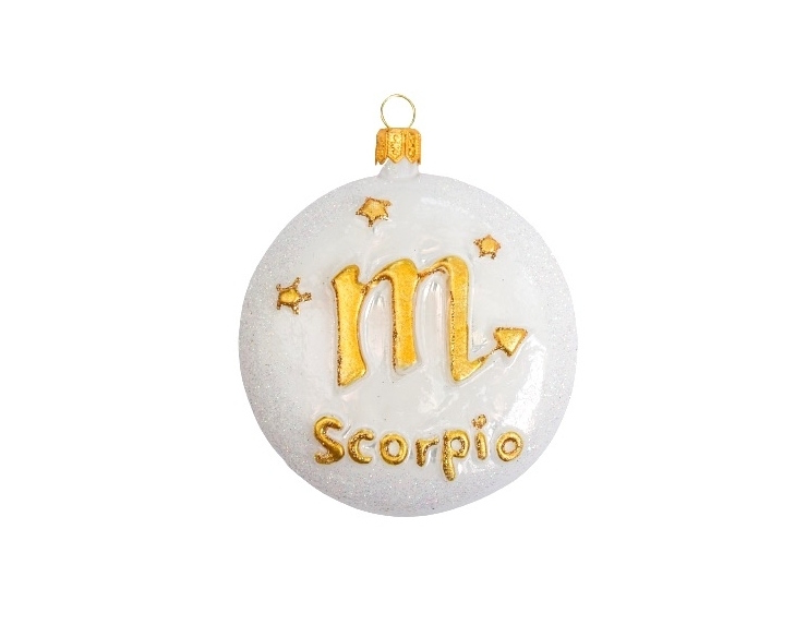 Boule de Noël blanche et dorée signe du zodiac scorpion. Verre soufflé et décoré à la main. diamètre 8cm