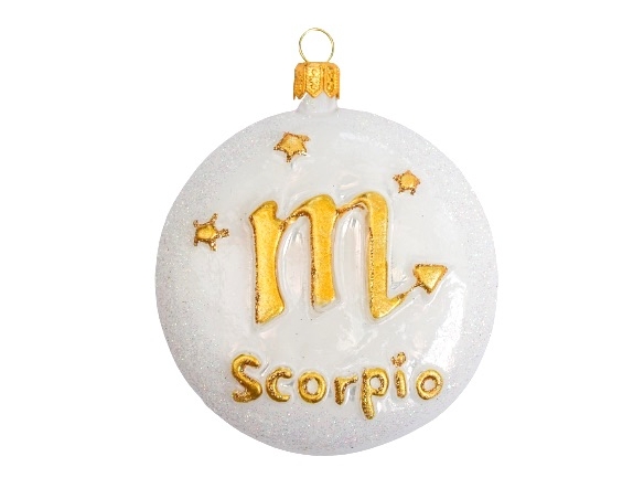 Boule de Noël blanche et dorée signe du zodiac scorpion. Verre soufflé et décoré à la main. diamètre 8cm