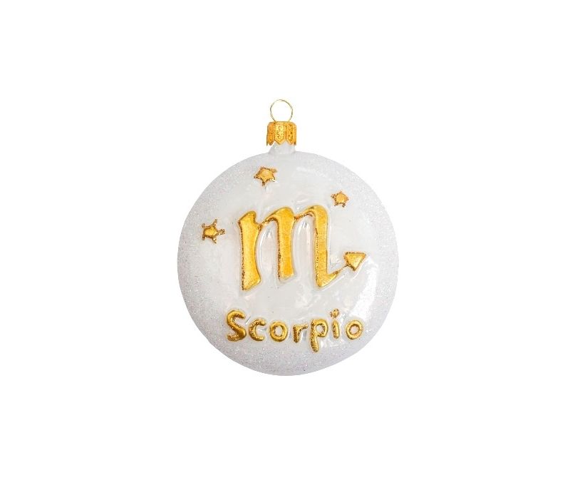 Boule de Noël blanche et dorée signe du zodiac scorpion. Verre soufflé et décoré à la main. diamètre 8cm