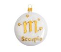 Voir la slide Boule de Noël blanche et dorée signe du zodiac scorpion. Verre soufflé et décoré à la main. diamètre 8cm