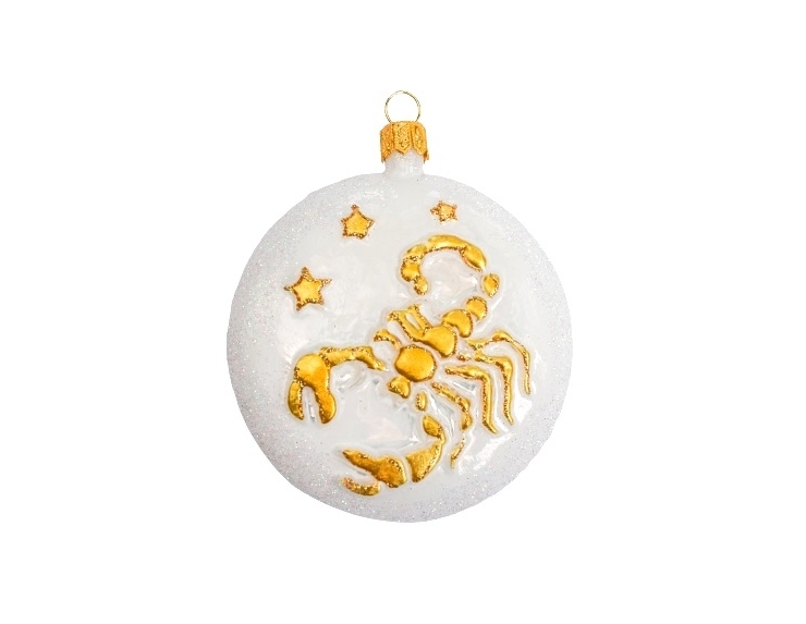 Boule de Noël blanche et dorée signe du zodiac scorpion. Verre soufflé et décoré à la main. diamètre 8cm