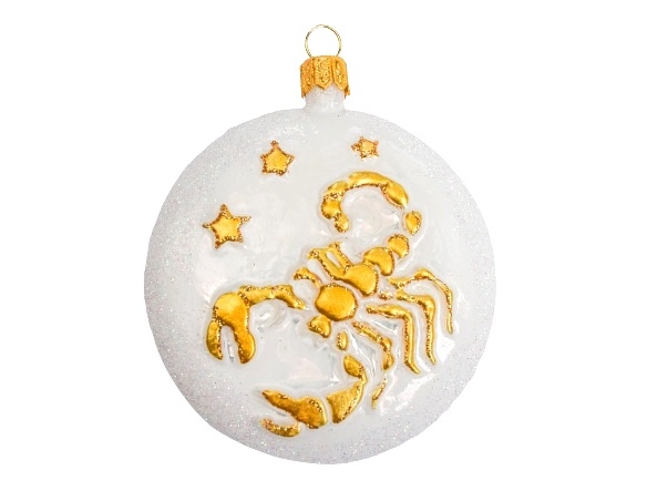 Boule de Noël blanche et dorée signe du zodiac scorpion. Verre soufflé et décoré à la main. diamètre 8cm