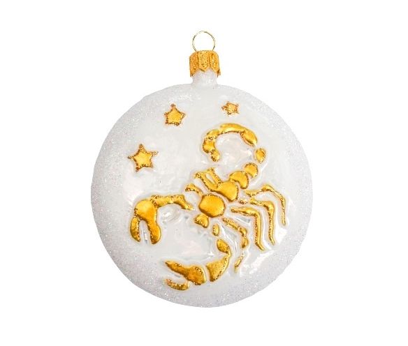 Boule de Noël blanche et dorée signe du zodiac scorpion. Verre soufflé et décoré à la main. diamètre 8cm