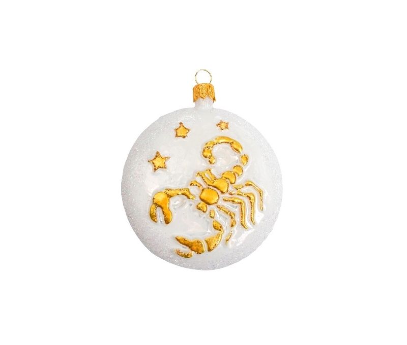 Boule de Noël blanche et dorée signe du zodiac scorpion. Verre soufflé et décoré à la main. diamètre 8cm
