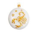 Voir la slide Boule de Noël blanche et dorée signe du zodiac scorpion. Verre soufflé et décoré à la main. diamètre 8cm