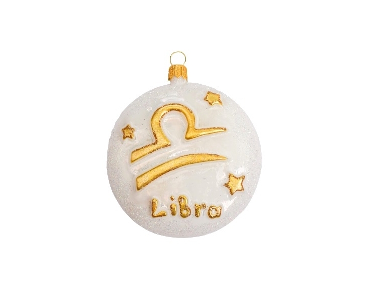 Boule de Noël blanche et dorée signe du zodiac balance. Verre soufflé et décoré à la main. diamètre 8cm