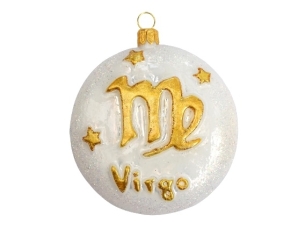 Boule de Noël en verre soufflé décoré main, signe du zodiac vierge. Diamètre 8cm couleur blanc et or