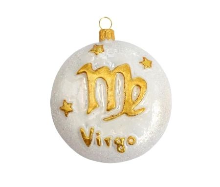Boule de Noël en verre soufflé décoré main, signe du zodiac vierge. Diamètre 8cm couleur blanc et or