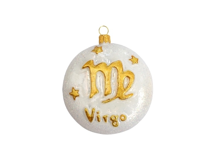 Boule de Noël en verre soufflé décoré main, signe du zodiac vierge. Diamètre 8cm couleur blanc et or