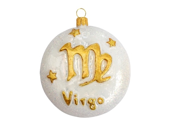Boule de Noël en verre soufflé décoré main, signe du zodiac vierge. Diamètre 8cm couleur blanc et or