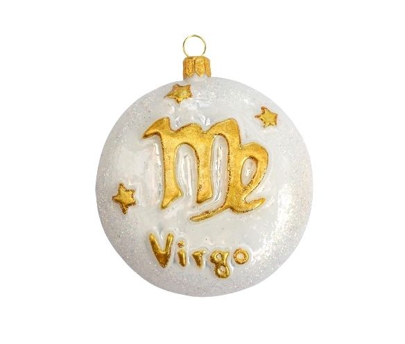 Boule de Noël en verre soufflé décoré main, signe du zodiac vierge. Diamètre 8cm couleur blanc et or