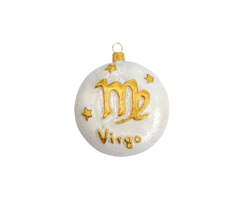Boule de Noël en verre soufflé décoré main, signe du zodiac vierge. Diamètre 8cm couleur blanc et or