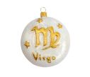 See slide Boule de Noël en verre soufflé décoré main, signe du zodiac vierge. Diamètre 8cm couleur blanc et or
