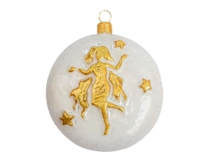 Suspension de Noël blanche et dorée en verre soufflé et décorée à la main signe du zodiac vierge. Diamètre 8cm